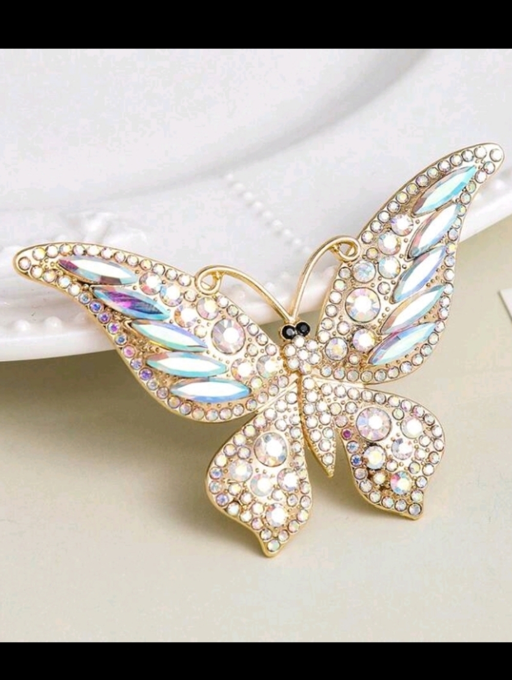 Gold-Tone Iridescent Rhinestone Butterfly Brooch Pin
